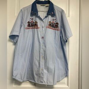 QUIZZ Women Cats Fireworks 4th July Short Sleeve Button Cotton Vintage size 20